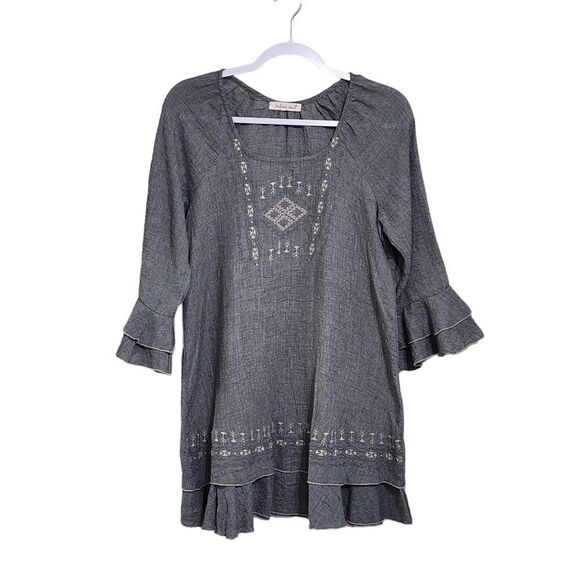 Indigo Soul Boho tunic top gray embroidered tiered bottom Sz S - Picture 1 of 5